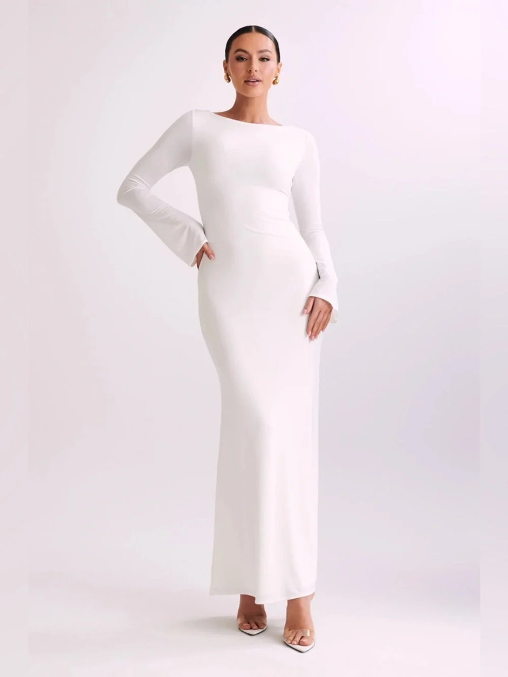 NWT Meshki Tarns Slinky Fishtail Long-Sleeve Ivory White Bridal Gown Maxi Dress - Picture 6 of 6